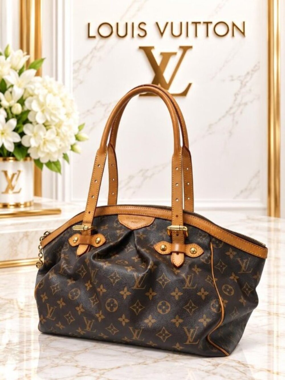 Authentic Louis Vuitton Tivoli GM Monogram Canvas Brown Shoulder Tote Bag